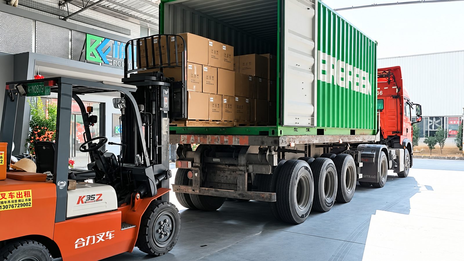 Forklift loading finished cartons onto a container truck for export