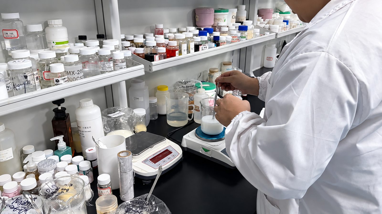 QC technician weighing and testing shampoo samples on a laboratory bench